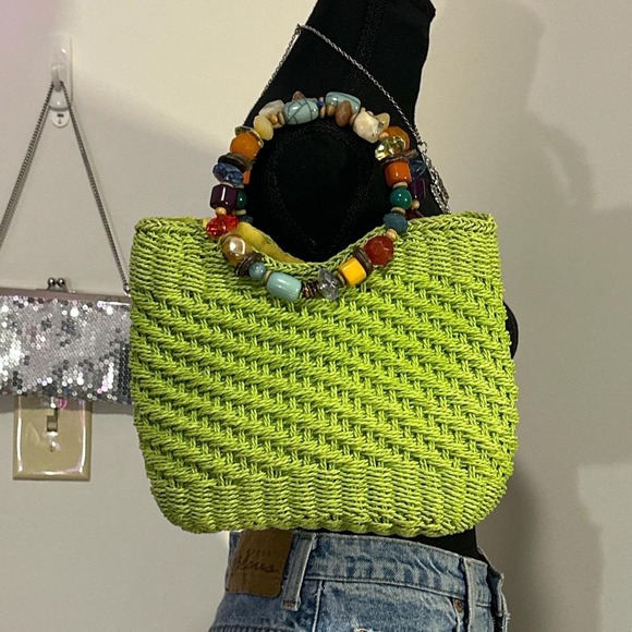 Cappelli y2k green woven bag with beaded handle. so cute‎ for the beach - Picture 1 of 4